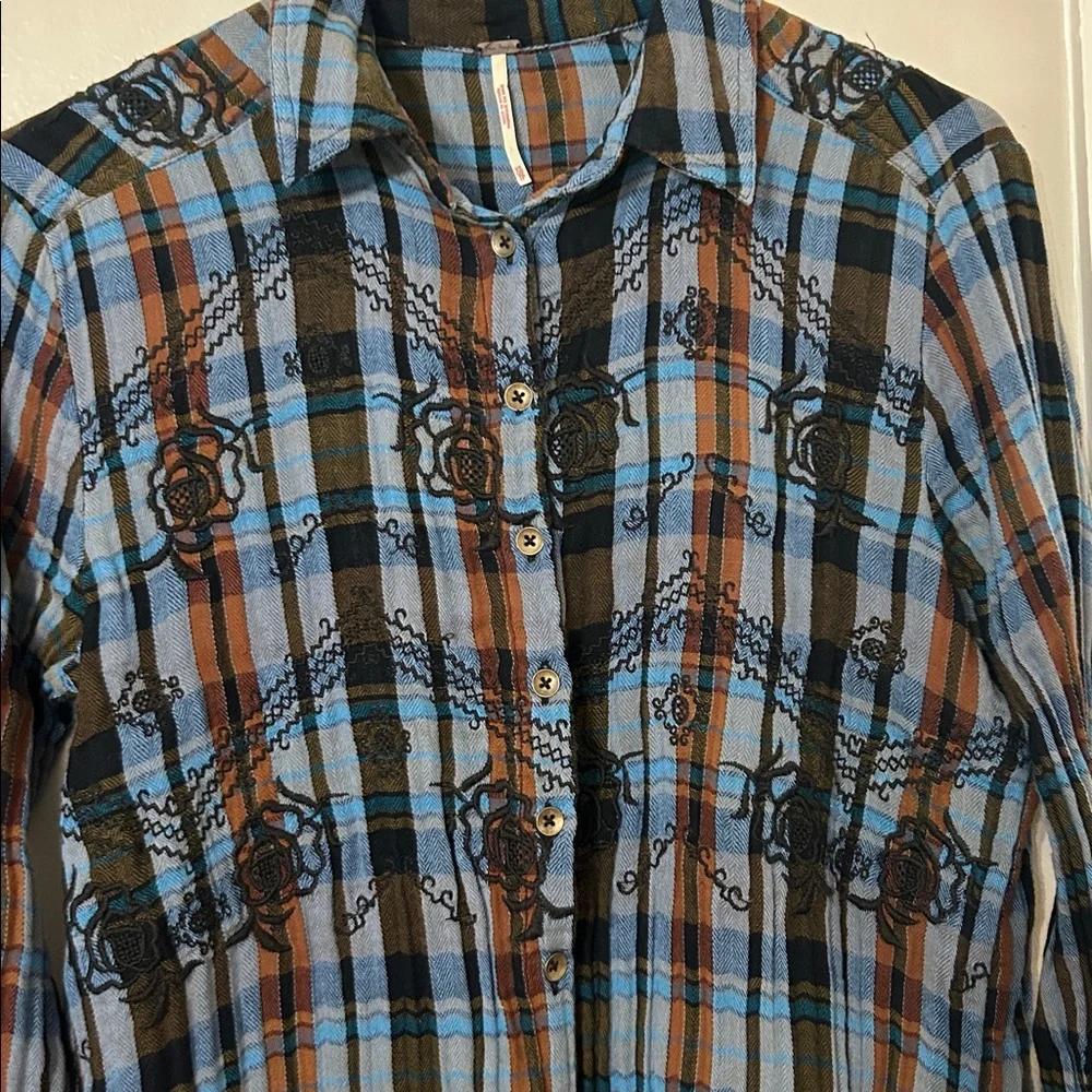 Free People Magical Plaid Embroidered Shirt Blue Size XS - Picture 6 of 10